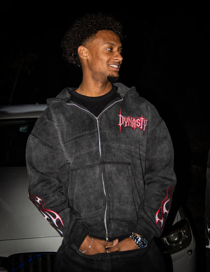 Tribal Flame Zip Hoodie Black Red | Unisex