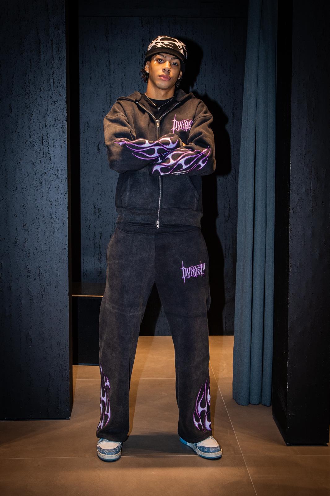 Tribal Flame Zip Hoodie Washed Black | Unisex