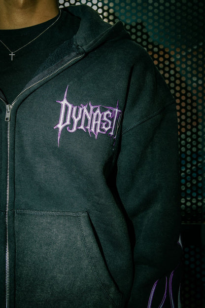 Tribal Flame Zip Hoodie Washed Black | Unisex