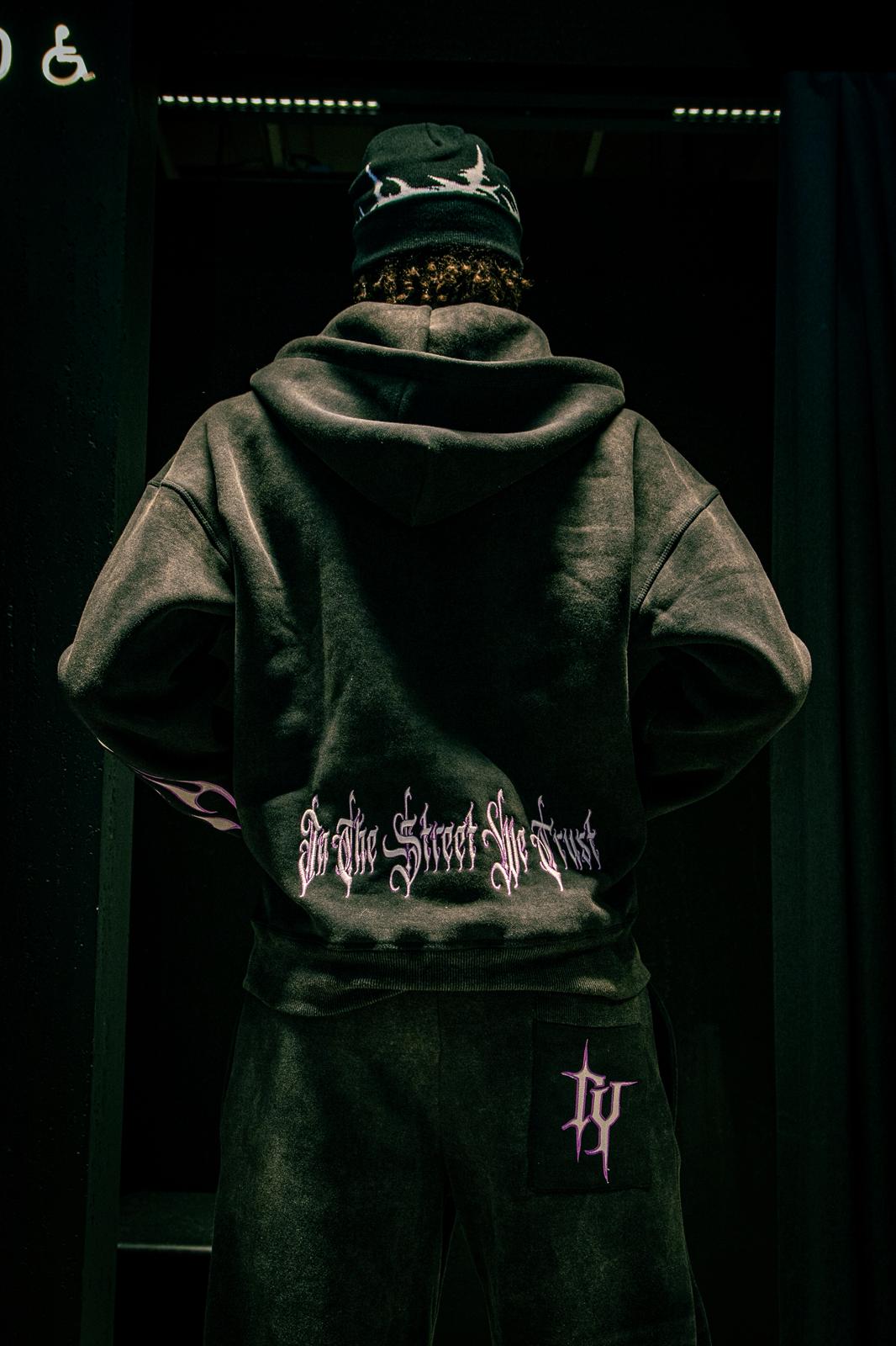 Tribal Flame Zip Hoodie Washed Black | Unisex