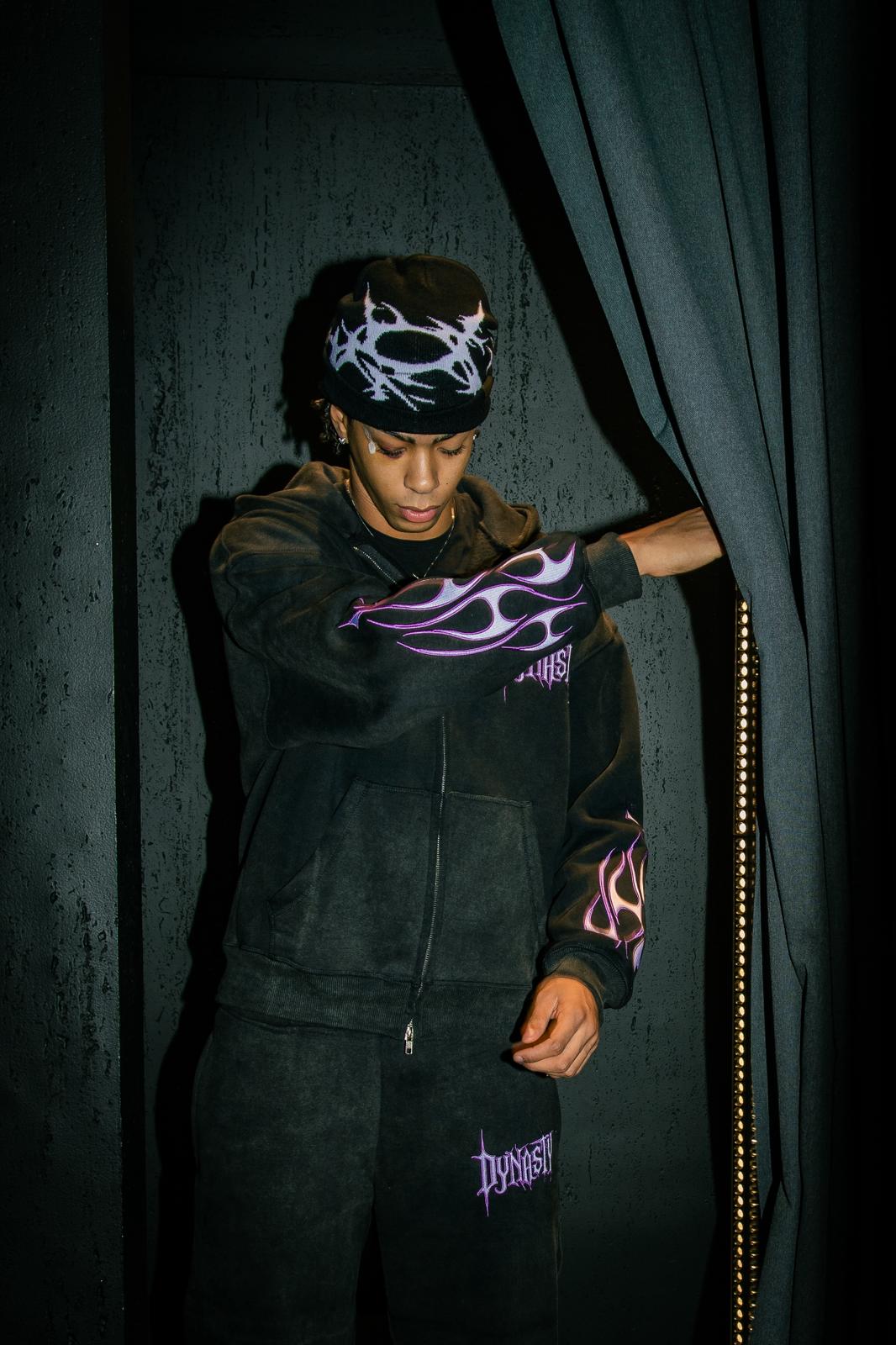 Tribal Flame Zip Hoodie Washed Black | Unisex