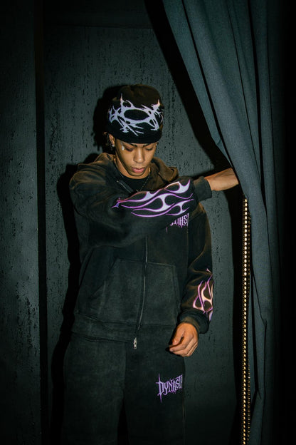 Tribal Flame Zip Hoodie Washed Black | Unisex