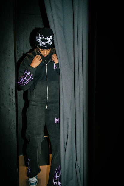 Tribal Flame Zip Hoodie Washed Black | Unisex