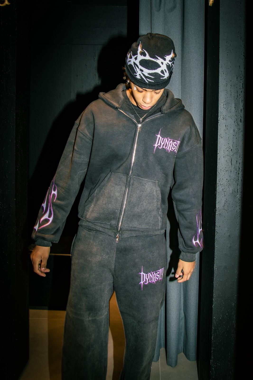 Tribal Flame Zip Hoodie Washed Black | Unisex